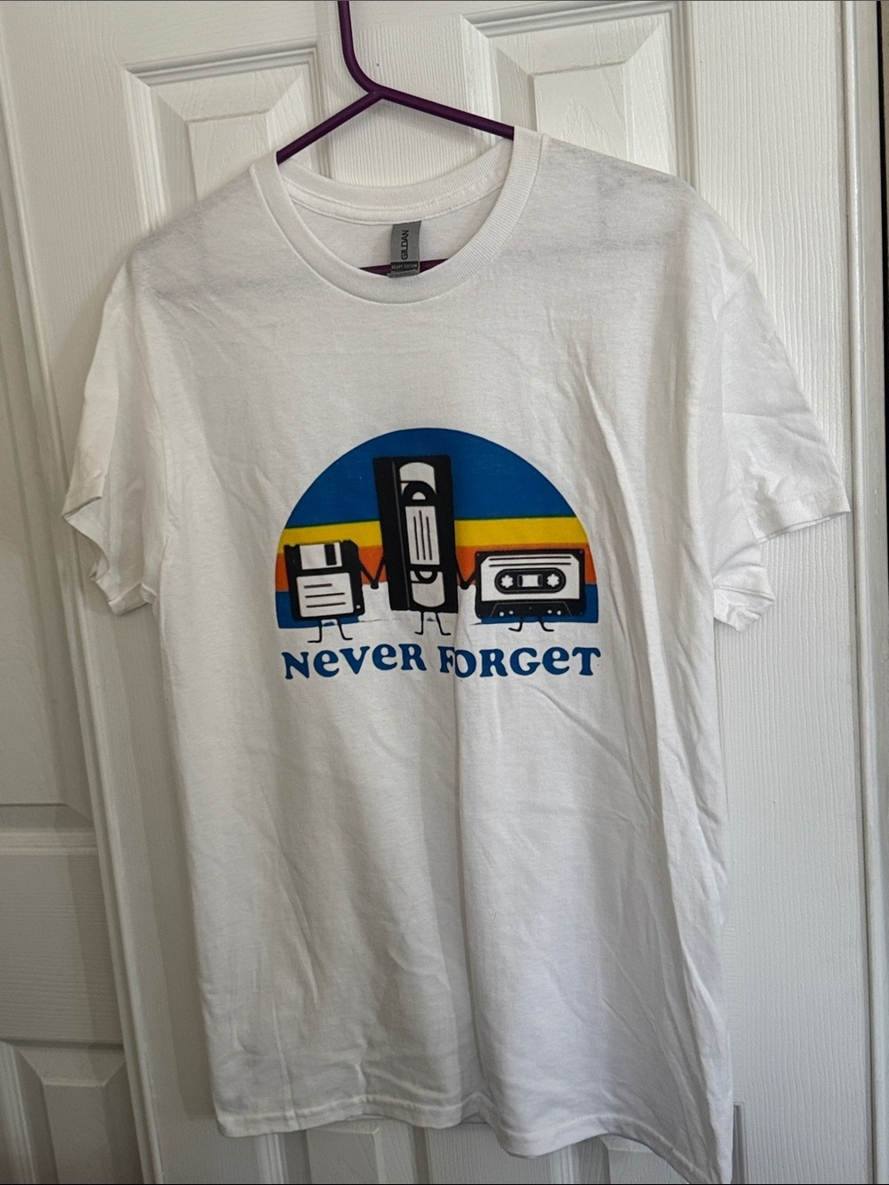 Gildan White Graphic Tee with Blue, Yellow and Orange Accents - Picture 4 of 5